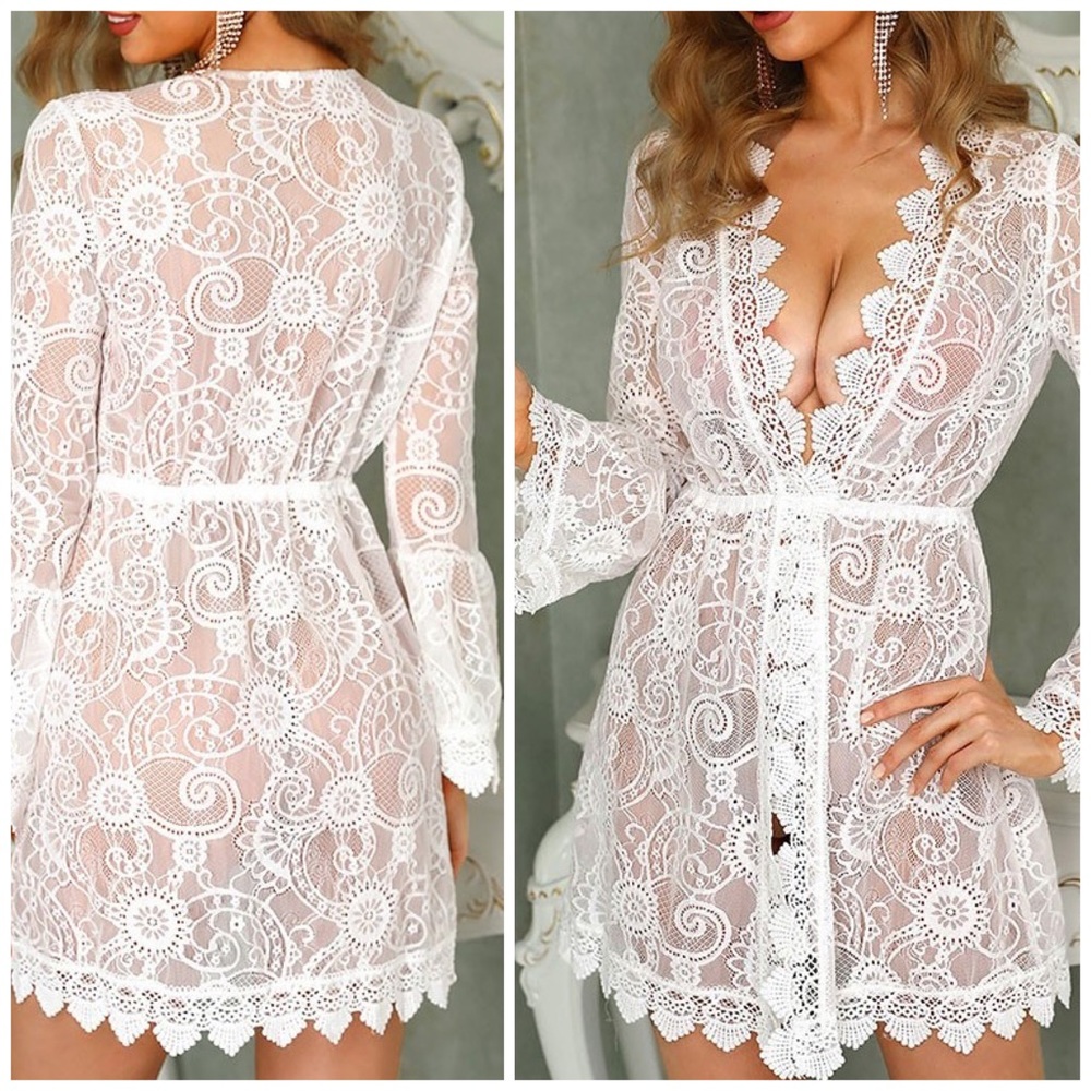 NEW White Sheer Crochet Lace Mini Dress / Kimono Cover-Up– Size Small – LAST ONE - Picture 5 of 6